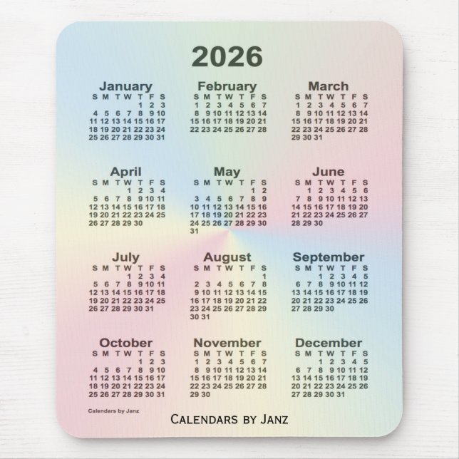 Mousepad Calendário da Nuvem do Arco-Íris 2026 por Janz (Frente)