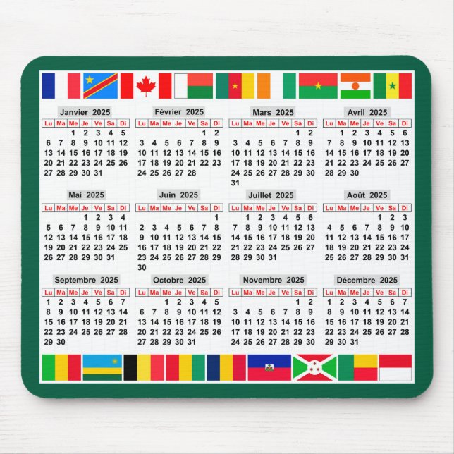 Mousepad Calendário de 12 meses do ano de 2025 (Frente)