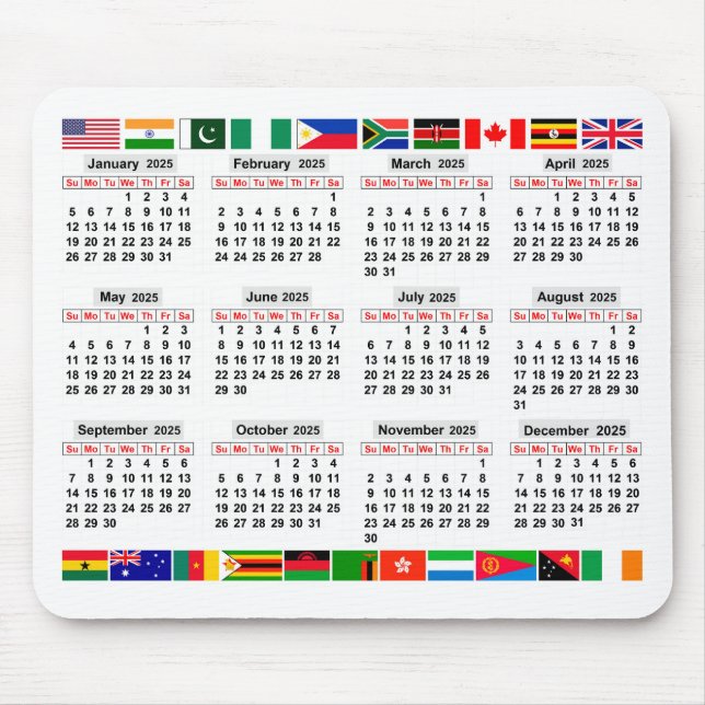 Mousepad Calendário de 12 meses do ano de 2025 (Frente)