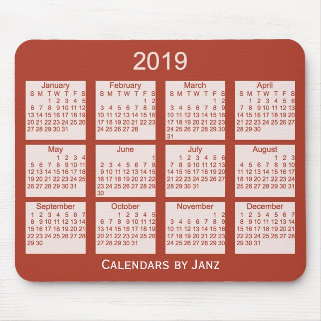 Mousepad Calendário de 2019 vermelhos pelo tapete do rato (Frente)