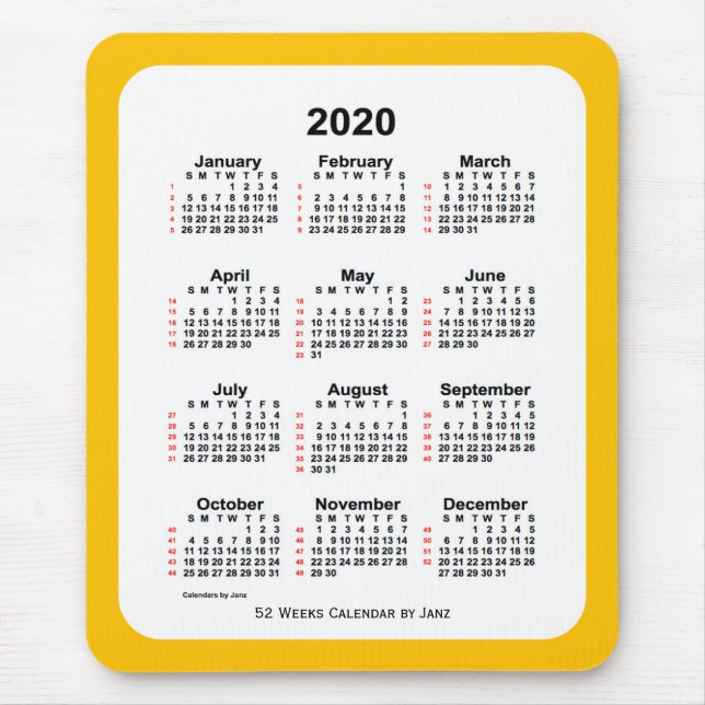 Mousepad Calendário de 2020 Dourado de 252 semanas por Janz (Frente)