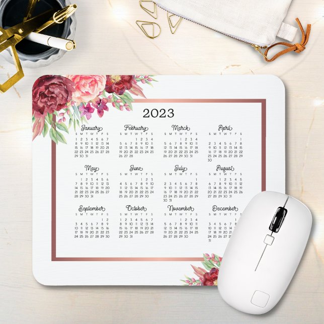 Mousepad Calendário de 2023 do Burgundy Rosa Floral Rosa Do (Criador carregado)