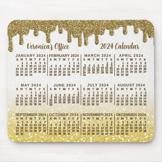 Mousepad Calendário de 2024 anos Faux Douradas Drips Glitte (Frente)