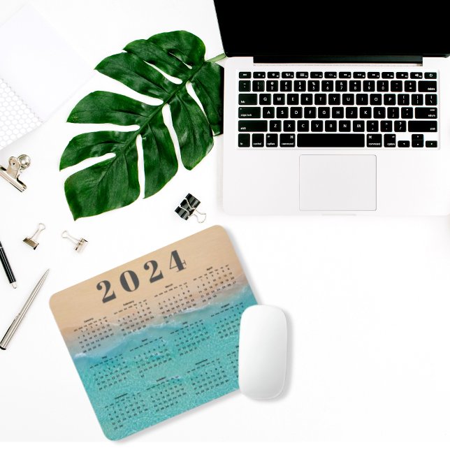 Mousepad Calendário de 2024 da Elegante Blue Sea Water Sand (Criador carregado)