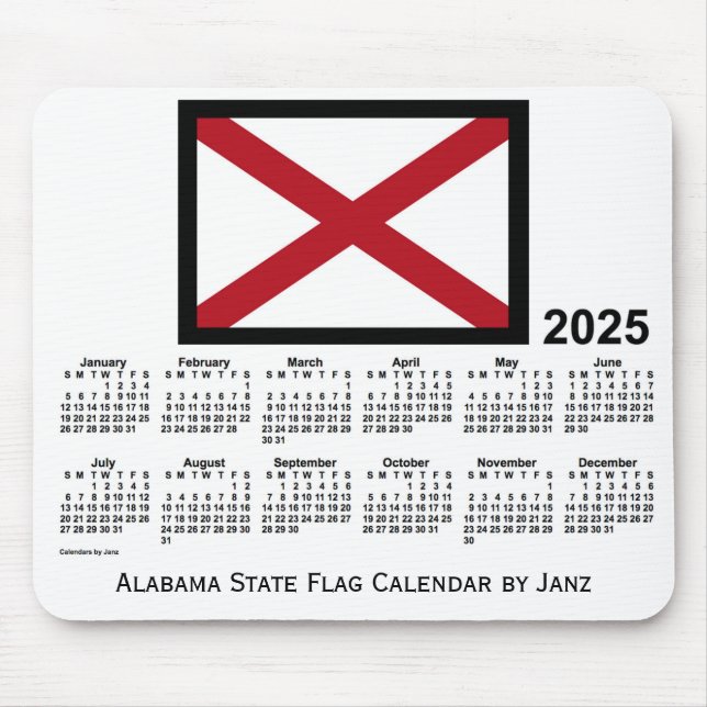 Mousepad Calendário de 2025 da bandeira do Alabama, por Jan (Frente)