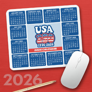 Mousepad Calendário de 2026 - EUA 250 Vermelho Branco Azul