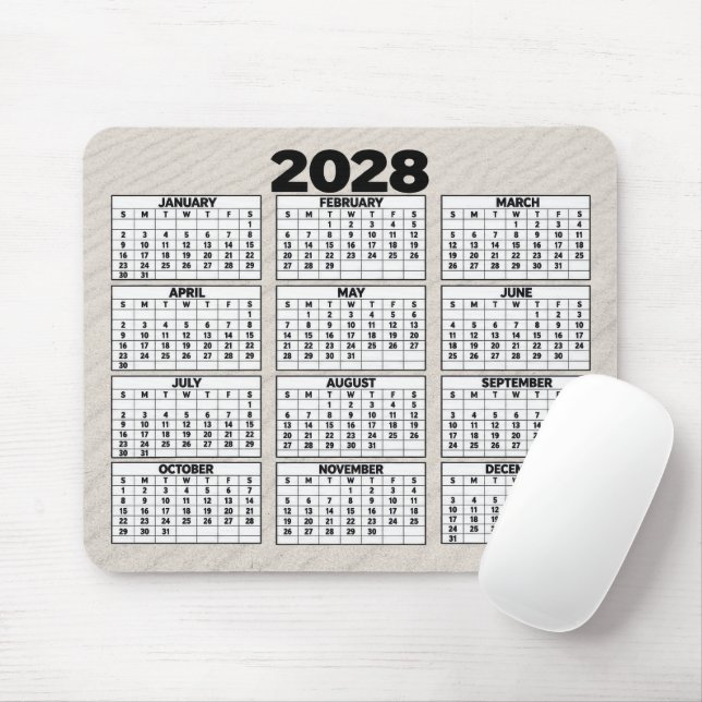 Mousepad Calendário de 2028 com Fundo de Areia de Praia (Com mouse)