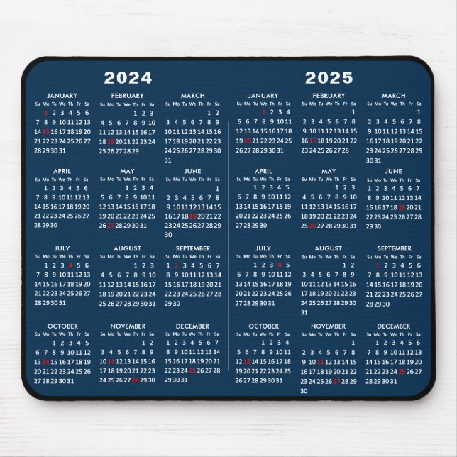 Mousepad Calendário de 2 anos 2024-2025 Feriados Azul Simpl (Frente)