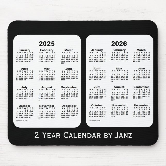Mousepad Calendário de 2 anos preto e branco 2025-2026 por  (Frente)