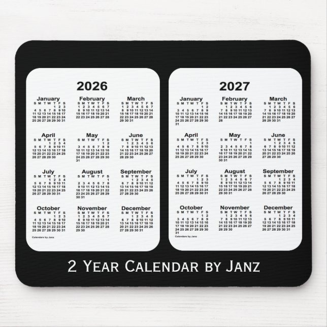 Mousepad Calendário de 2 anos preto e branco 2026-2027 por  (Frente)