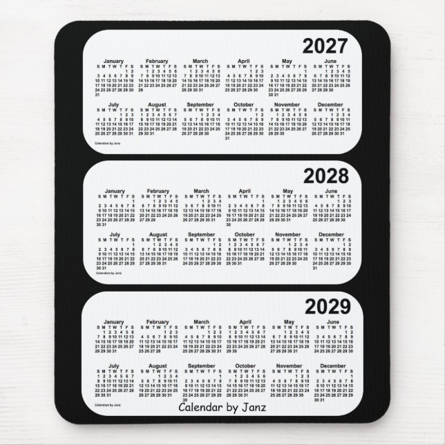 Mousepad Calendário de 3 anos preto e branco 2027-2029 por  (Frente)
