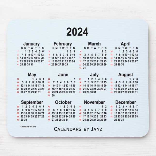 Mousepad Calendário de 52 semanas Alice Blue 2024 por Janz (Frente)