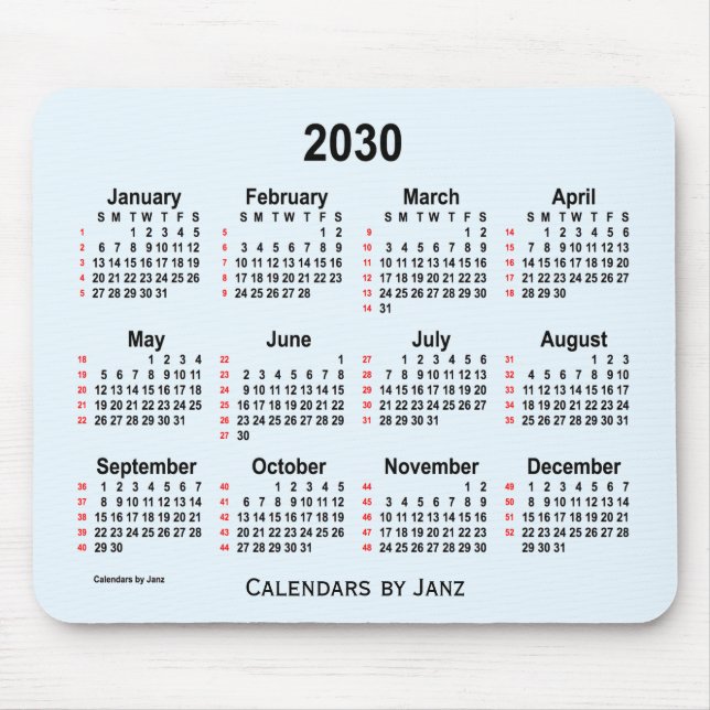 Mousepad Calendário de 52 semanas Alice Blue 2030 por Janz (Frente)