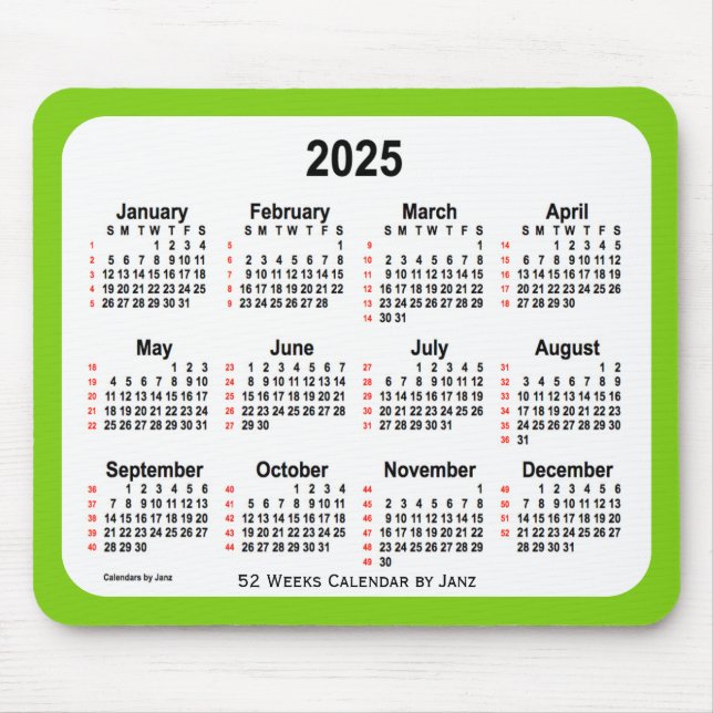 Mousepad Calendário de 52 Semanas Amarelo Verde 2025 por Ja (Frente)