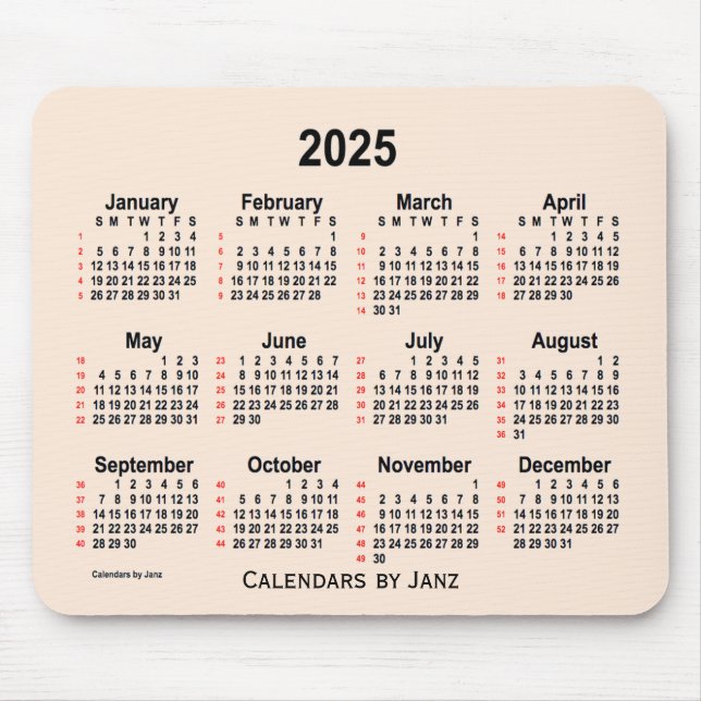 Mousepad Calendário de 52 Semanas Aníticas Brancas de 2025  (Frente)