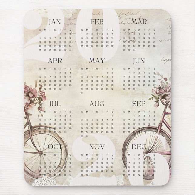 Mousepad Calendário de Ano Floral de Cores da Bicicleta de  (Frente)