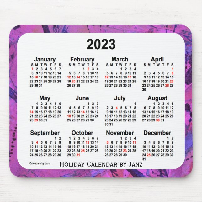 Mousepad Calendário de arte sobre o feriado magenta de 2023 (Frente)