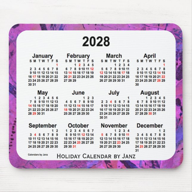 Mousepad Calendário de arte sobre o feriado magenta de 2028 (Frente)