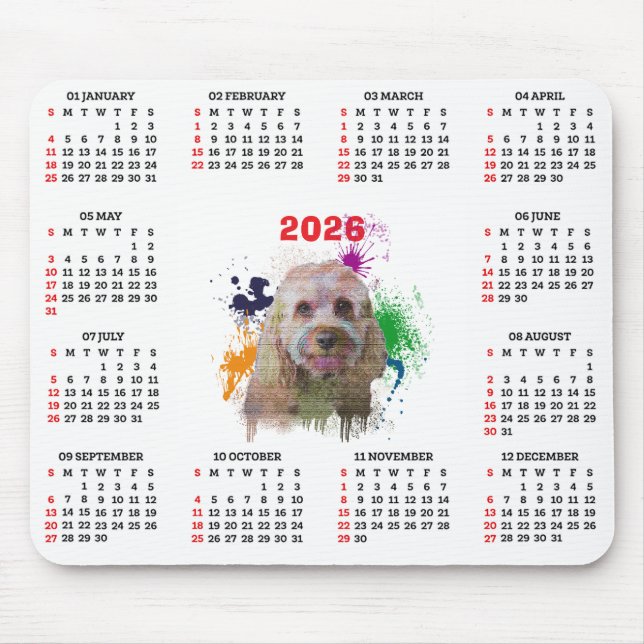 Mousepad Calendário de Cachorro Cavapoo Fofo Personalizável (Frente)