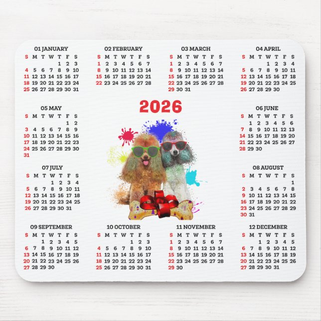 Mousepad Calendário de Cachorro Poodle Fofo Personalizável  (Frente)