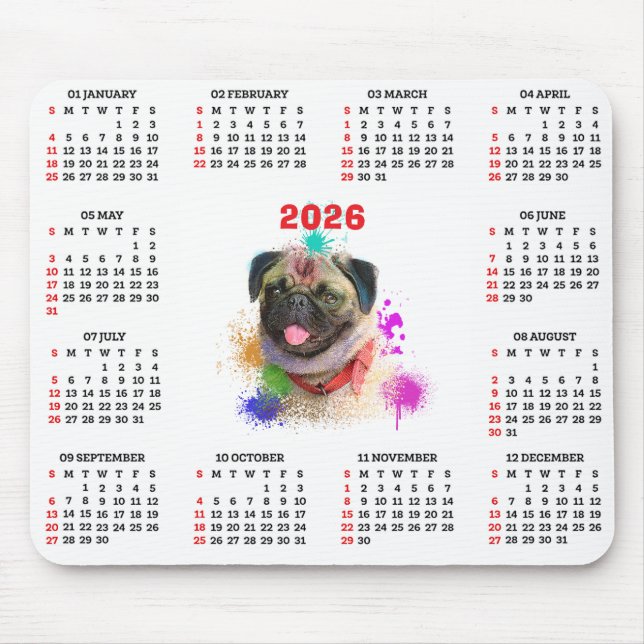 Mousepad Calendário de Cachorro Pug Fofo Personalizável  (Frente)