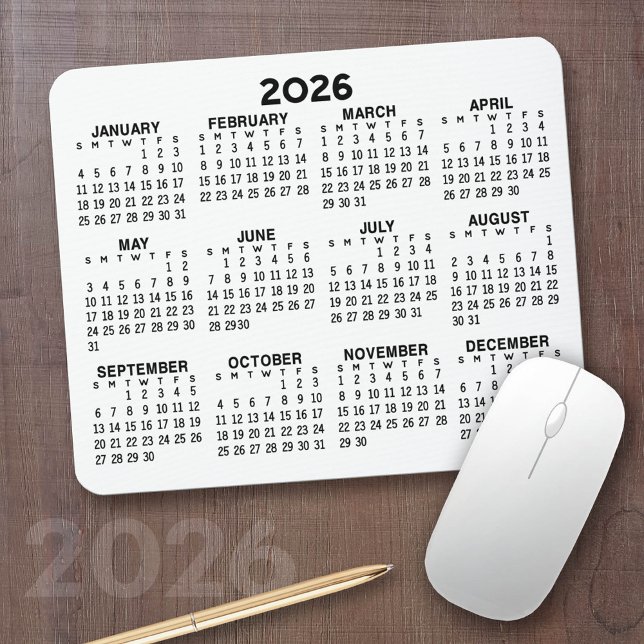 Mousepad Calendário de Exibição de Ano de cheio - horizonta (2026 Calendar with your logo or photos - Great Business Gift or Home Office Decor)