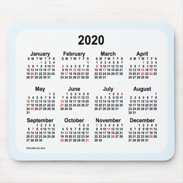 Mousepad Calendário de feriado de 2020 por Janz Alice Blue  (Frente)