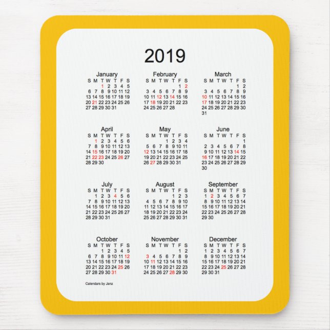 Mousepad Calendário de feriado Dourado de 2019 por Janz Mou (Frente)