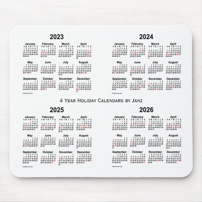 Mousepad Calendário de feriados brancos 2023-2026 por Janz (Frente)