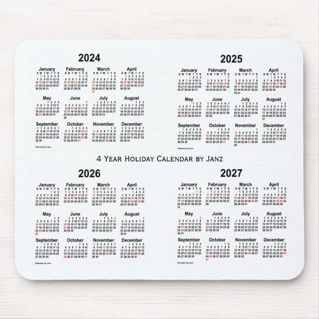 Mousepad Calendário de feriados brancos 2024-2027 por Janz (Frente)
