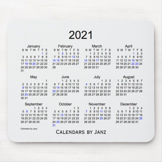 Mousepad Calendário de Férias Brancas 2021 por Janz Mousepa (Frente)
