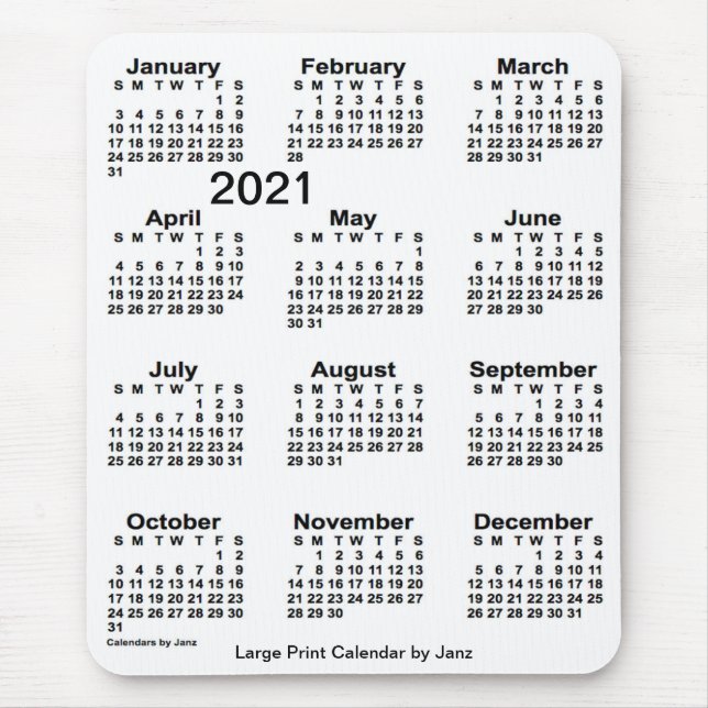 Mousepad Calendário de Impressão branco 2021 por Janz (Frente)