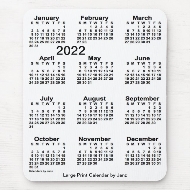 Mousepad Calendário de Impressão branco 2022 por Janz (Frente)