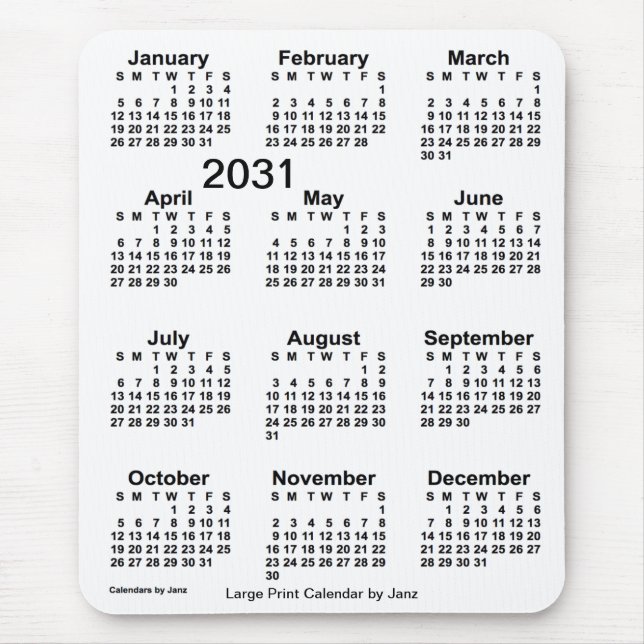Mousepad Calendário de Impressão branco 2031 por Janz (Frente)