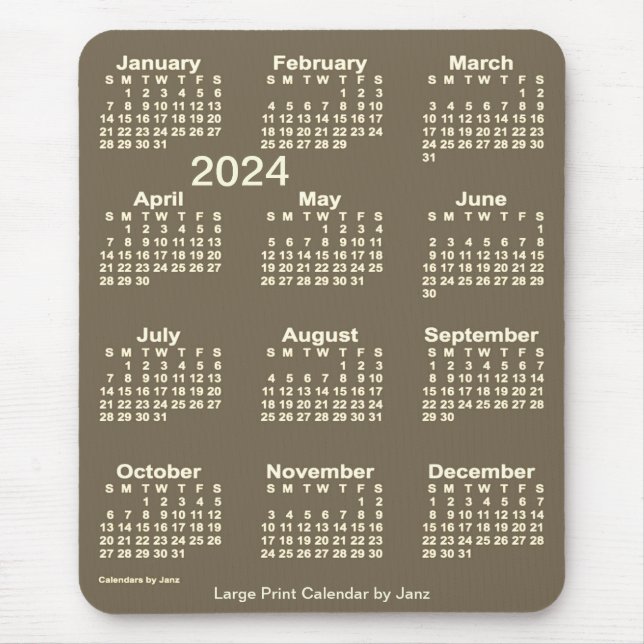 Mousepad Calendário de Impressão de Sépia Escura 2024 por J (Frente)