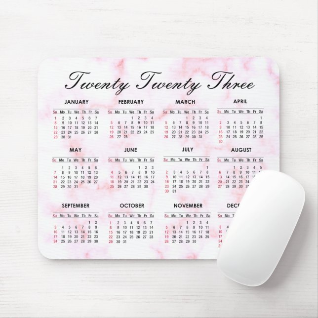 Mousepad Calendário de mármore branco e rosa 2023 (Com mouse)