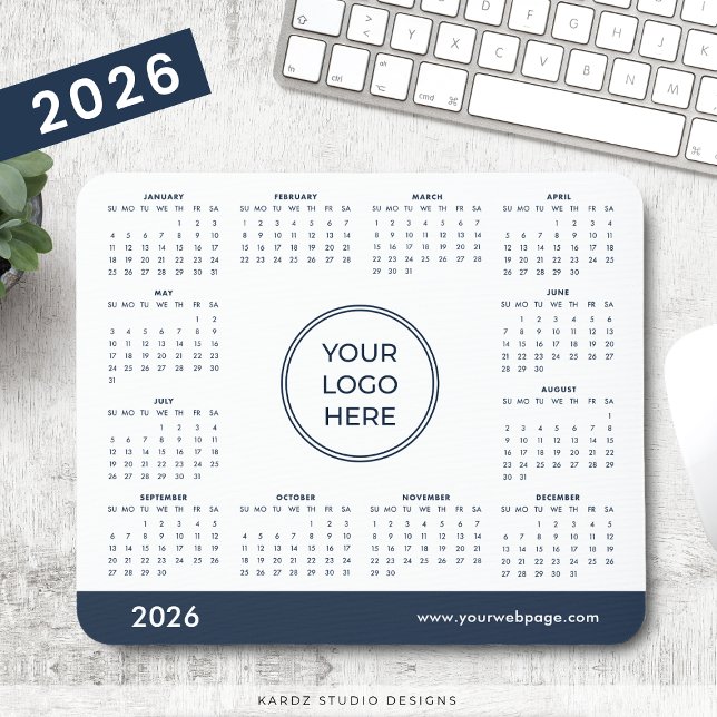 Mousepad Calendário de Negócios Azul Marinho 2026 (Add your business logo and website or tagline.)
