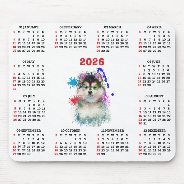 Mousepad Calendário de Pomsky de Cachorro Fofo Personalizáv (Frente)