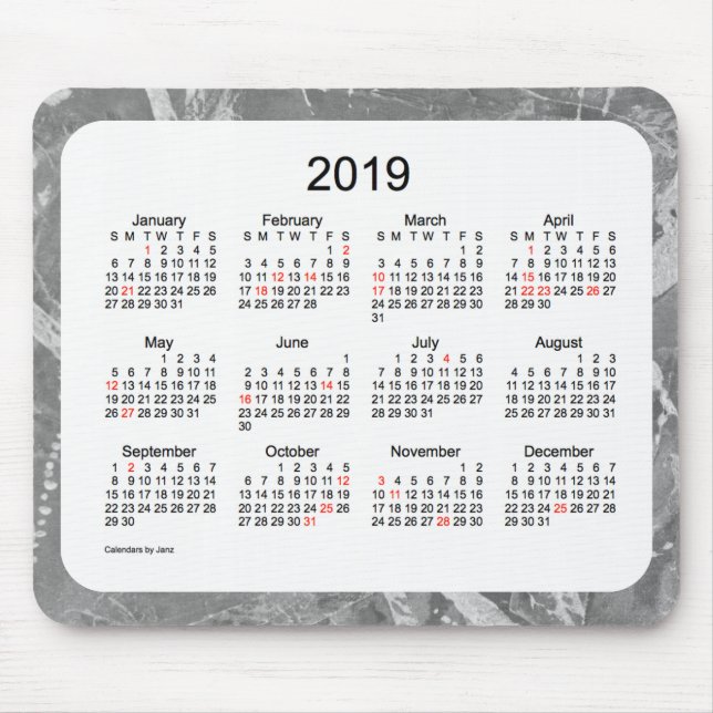 Mousepad Calendário de prata do feriado 2019 pelo tapete do (Frente)