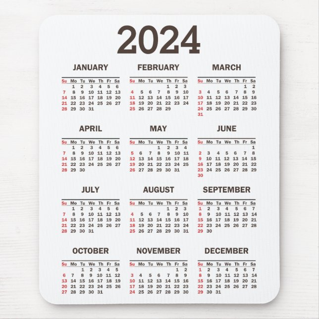 Mousepad Calendário De Resumo Simples De 2024 Anos (Frente)