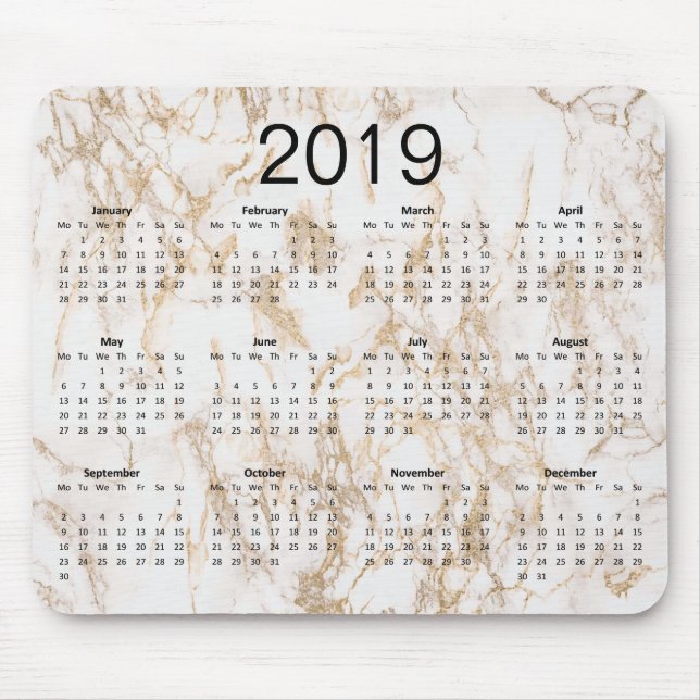 Mousepad Calendário de Trendy Elegant Dourado Marble 2019 (Frente)