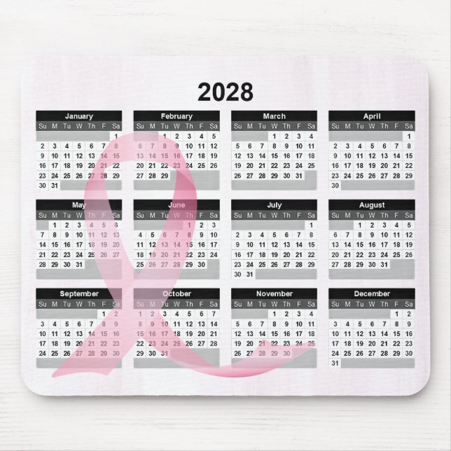 Mousepad Calendário do Ano 2028 Fita Rosa (Frente)