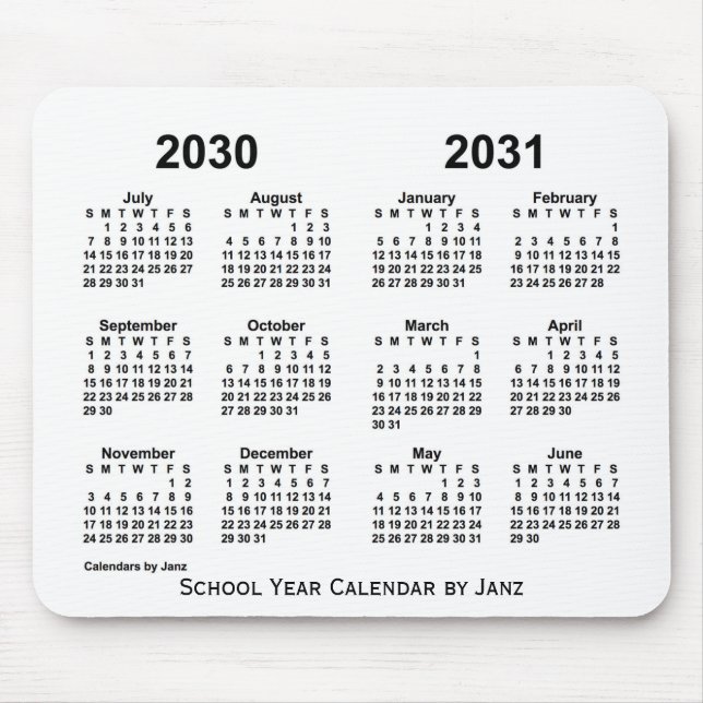 Mousepad Calendário do Ano da Escola Branca 2030-2031 por J (Frente)