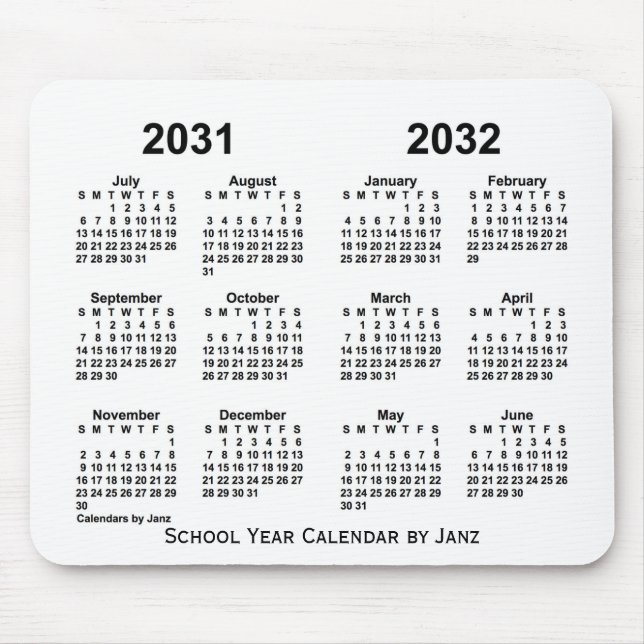 Mousepad Calendário do Ano da Escola Branca 2031-2032 por J (Frente)