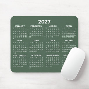 Mousepad Calendário do Ano Inteiro 2027 Moderno Verde Flore