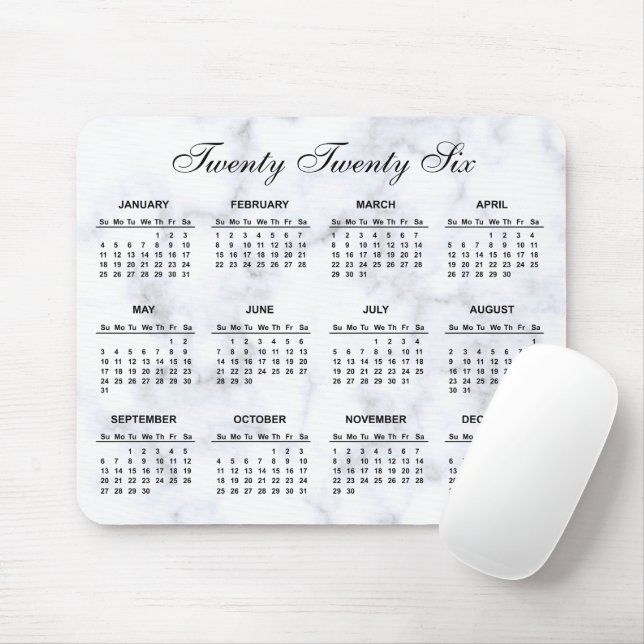 Mousepad Calendário do mármore branco e Cinza 2026 (Com mouse)