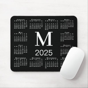 Mousepad Calendário do Monograma Branco e Preto 2025