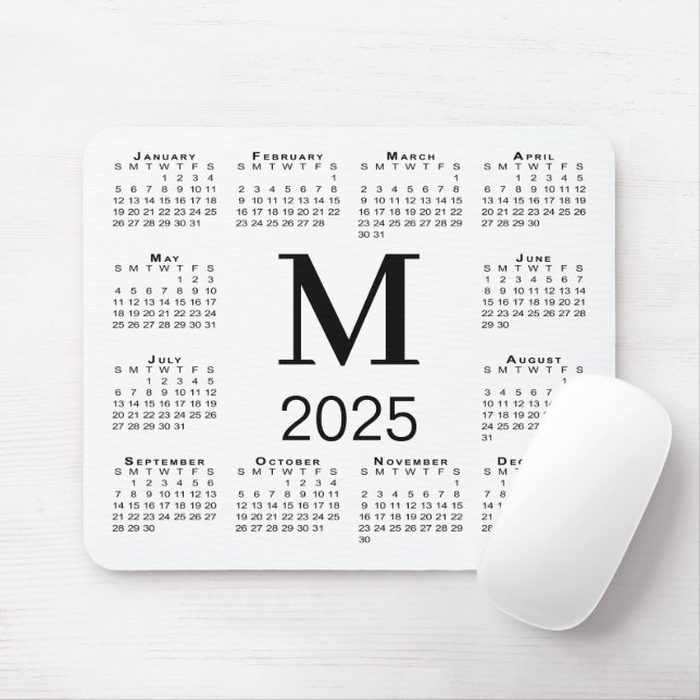 Mousepad Calendário do Monograma Preto 2025 em Branco (Com mouse)