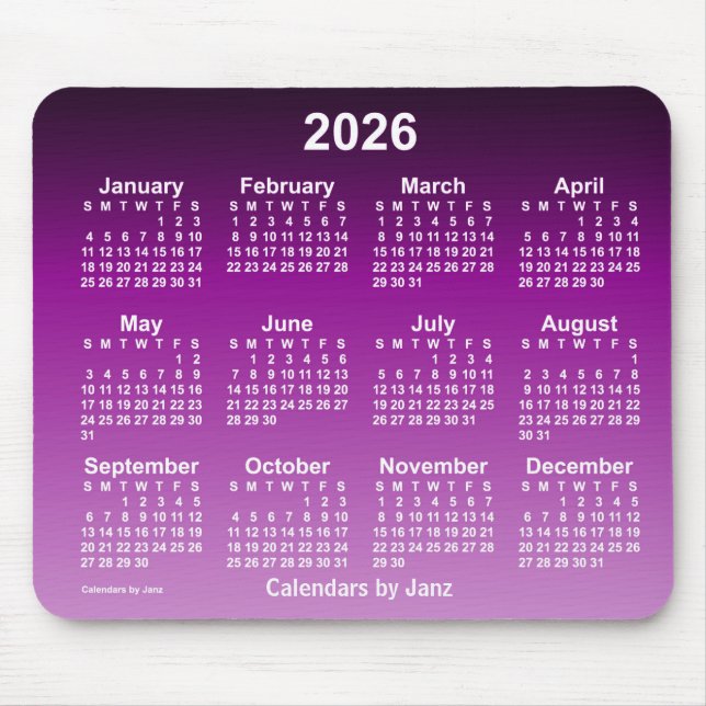 Mousepad Calendário do Neon Roxo 2026 desbotado por Janz Mo (Frente)