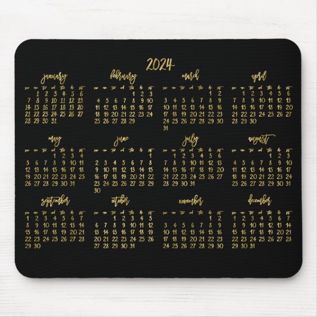 Mousepad Calendário Dourado Preto E Preto De Script Elegant (Frente)